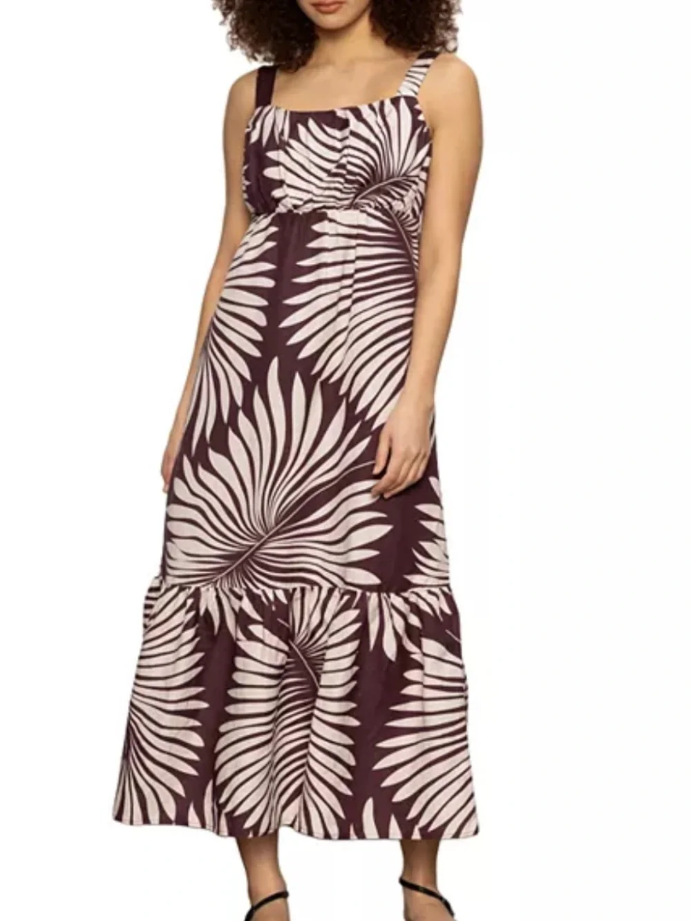 SANCTUARY Sundance Brown Palm-Print Maxi Dress with Cream Accents Linen Blend